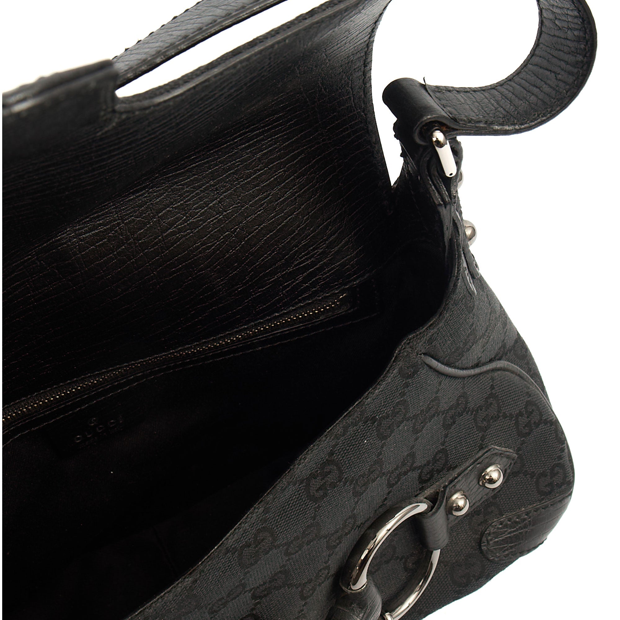 Gucci Shoulder Bag Horsebit Chain Shoulder Bag in Black, GG Canvas — Detail View