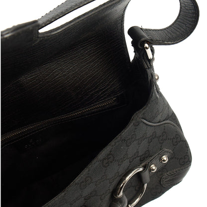 Gucci Shoulder Bag Horsebit Chain Shoulder Bag in Black, GG Canvas — Detail View