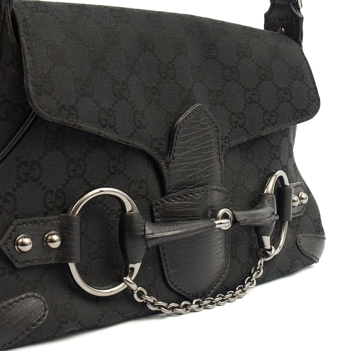 Gucci Shoulder Bag Horsebit Chain Shoulder Bag in Black, GG Canvas — Lifestyle View