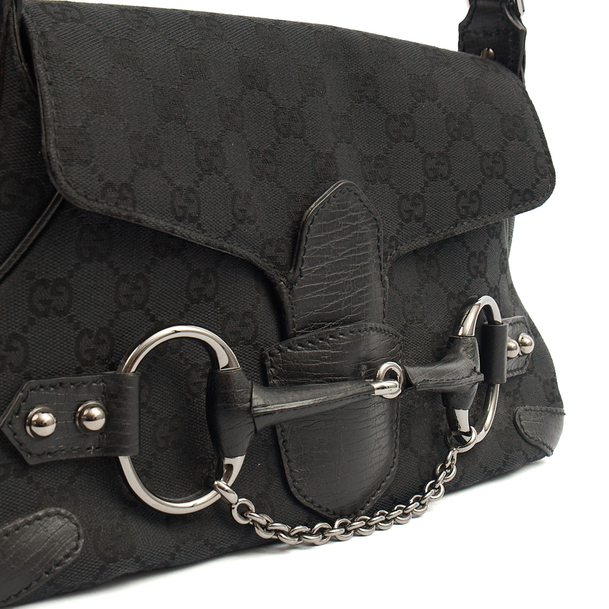 Gucci Shoulder Bag Horsebit Chain Shoulder Bag in Black, GG Canvas — Lifestyle View