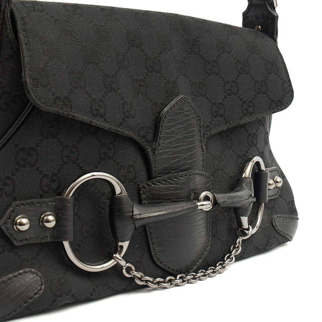 Gucci Shoulder Bag Horsebit Chain Shoulder Bag in Black, GG Canvas — Alternate View 12