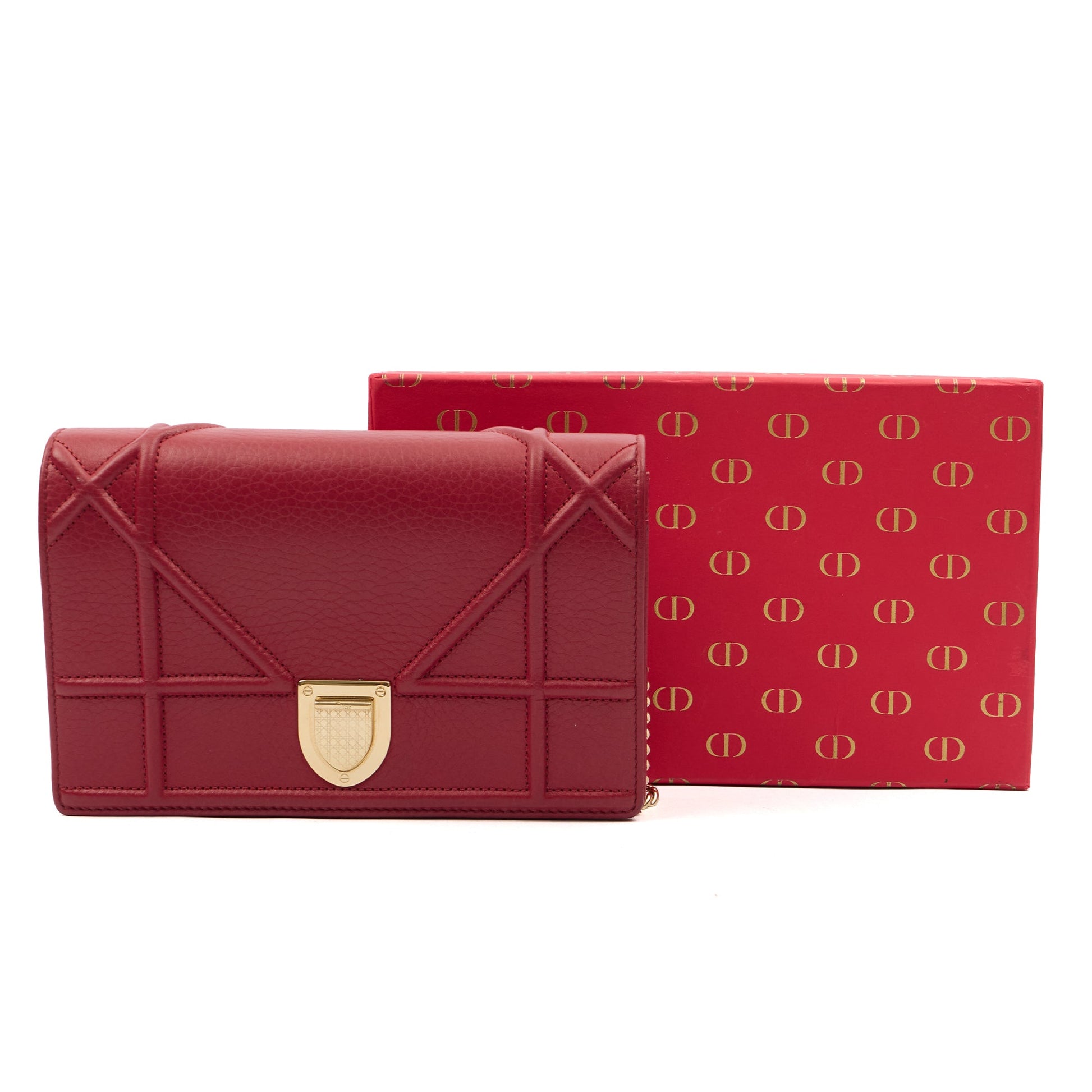Christian Dior Clutch Diorama WOC in Burgundy, Calfskin — Lifestyle View