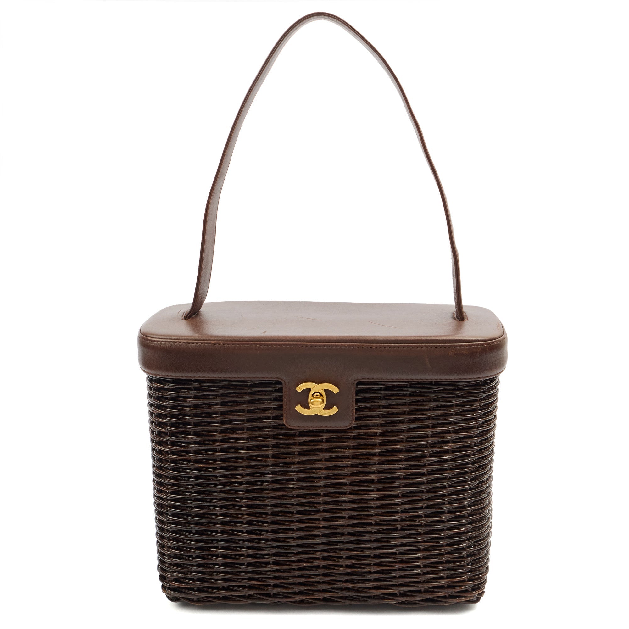 Chanel Tote Wicker Basket Bag in Brown, Plastic — Front View