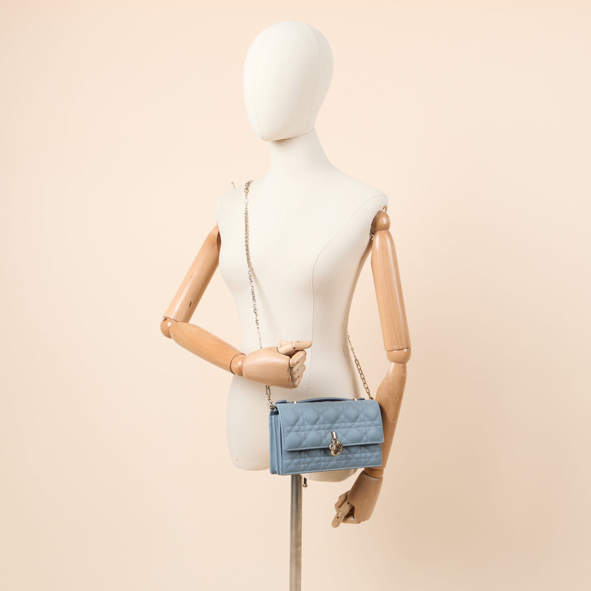 Christian Dior Top Handle My Dior Daily Chain Pouch in Blue, Cannage Quilted Grain Skin — Side View