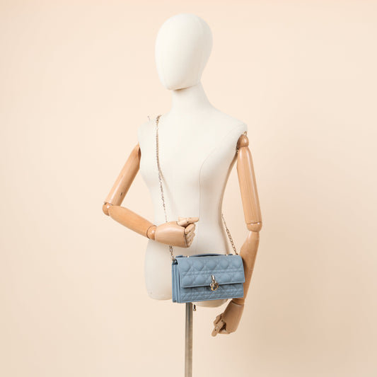 Christian Dior Top Handle My Dior Daily Chain Pouch in Blue, Cannage Quilted Grain Skin — Side View