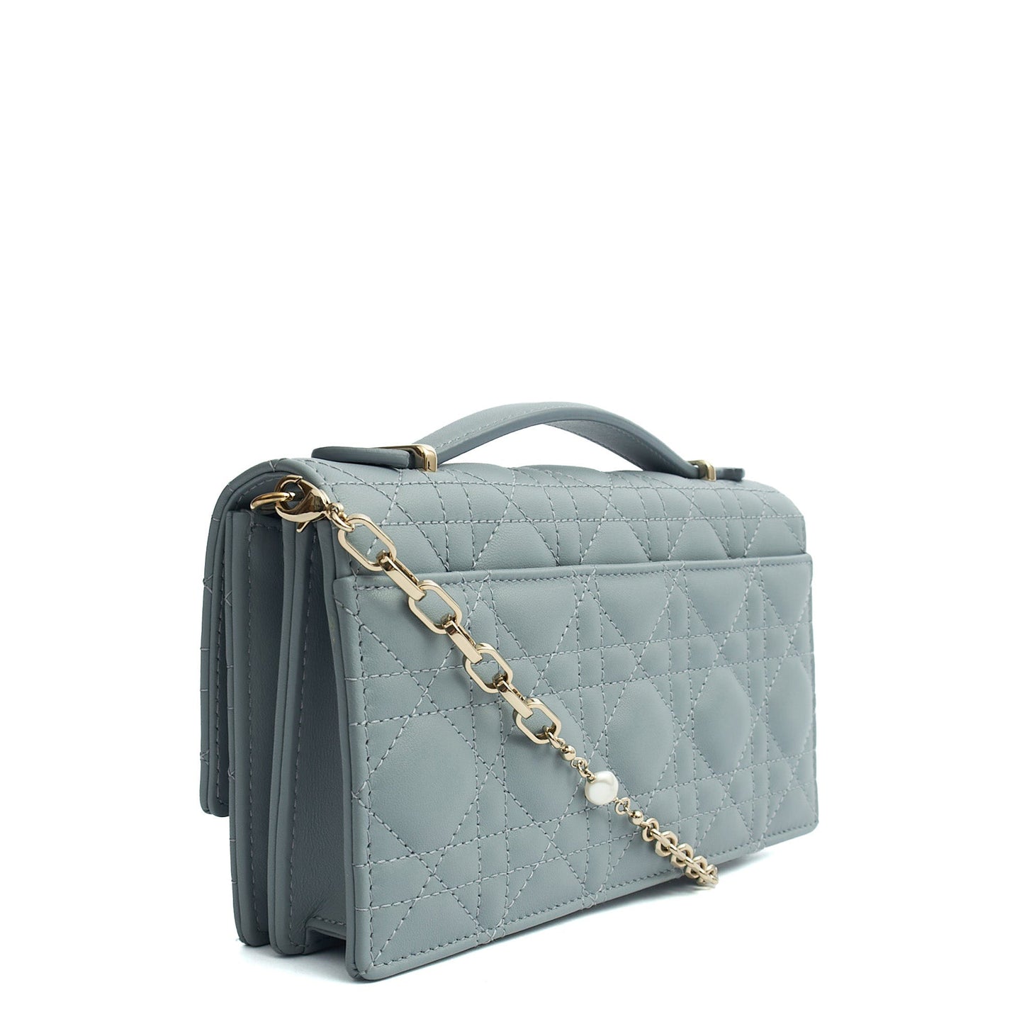 Christian Dior Top Handle My Dior Daily Chain Pouch in Blue, Cannage Quilted Grain Skin — Back View