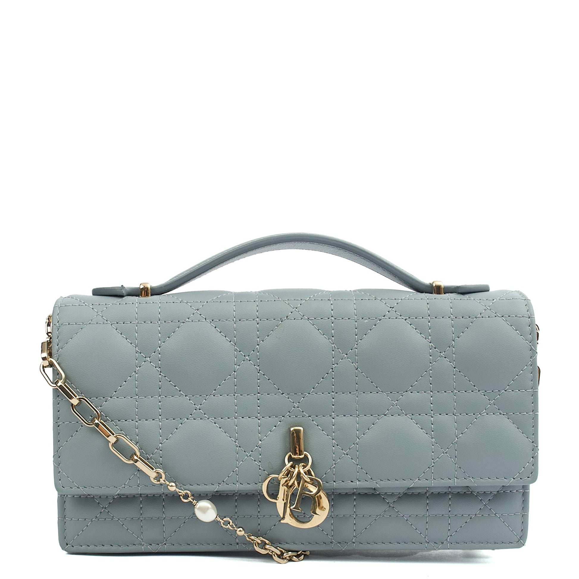 Christian Dior Top Handle My Dior Daily Chain Pouch in Blue, Cannage Quilted Grain Skin — Front View