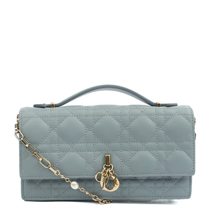 Christian Dior Top Handle My Dior Daily Chain Pouch in Blue, Cannage Quilted Grain Skin — Front View