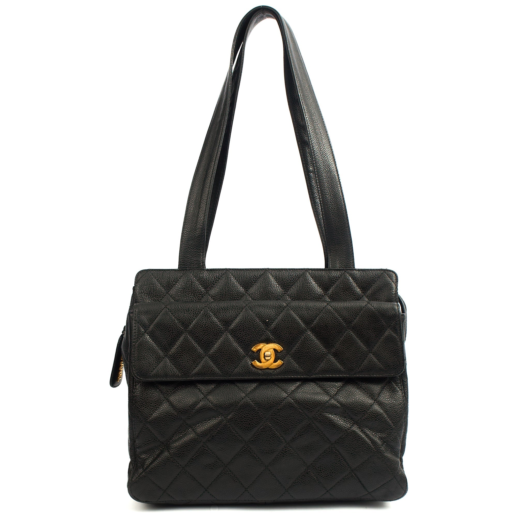 Chanel Tote Vintage Tote in Black, Caviar Leather — Front View
