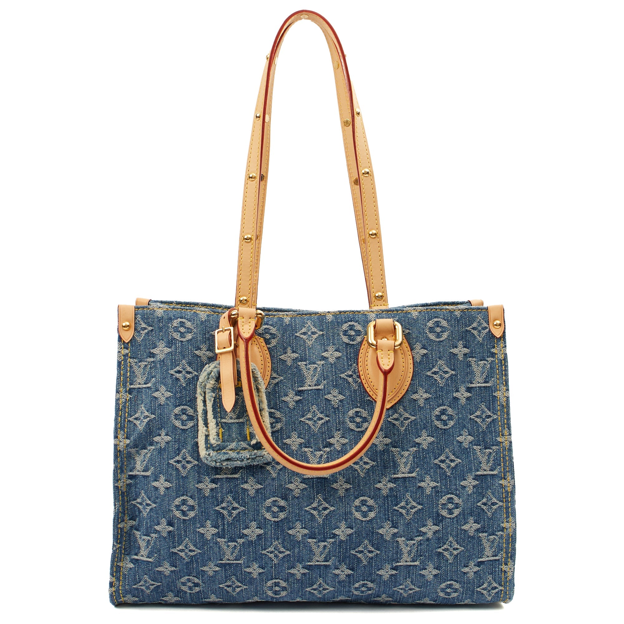Louis Vuitton Tote On The Go MM in Denim, Leather — Detail View