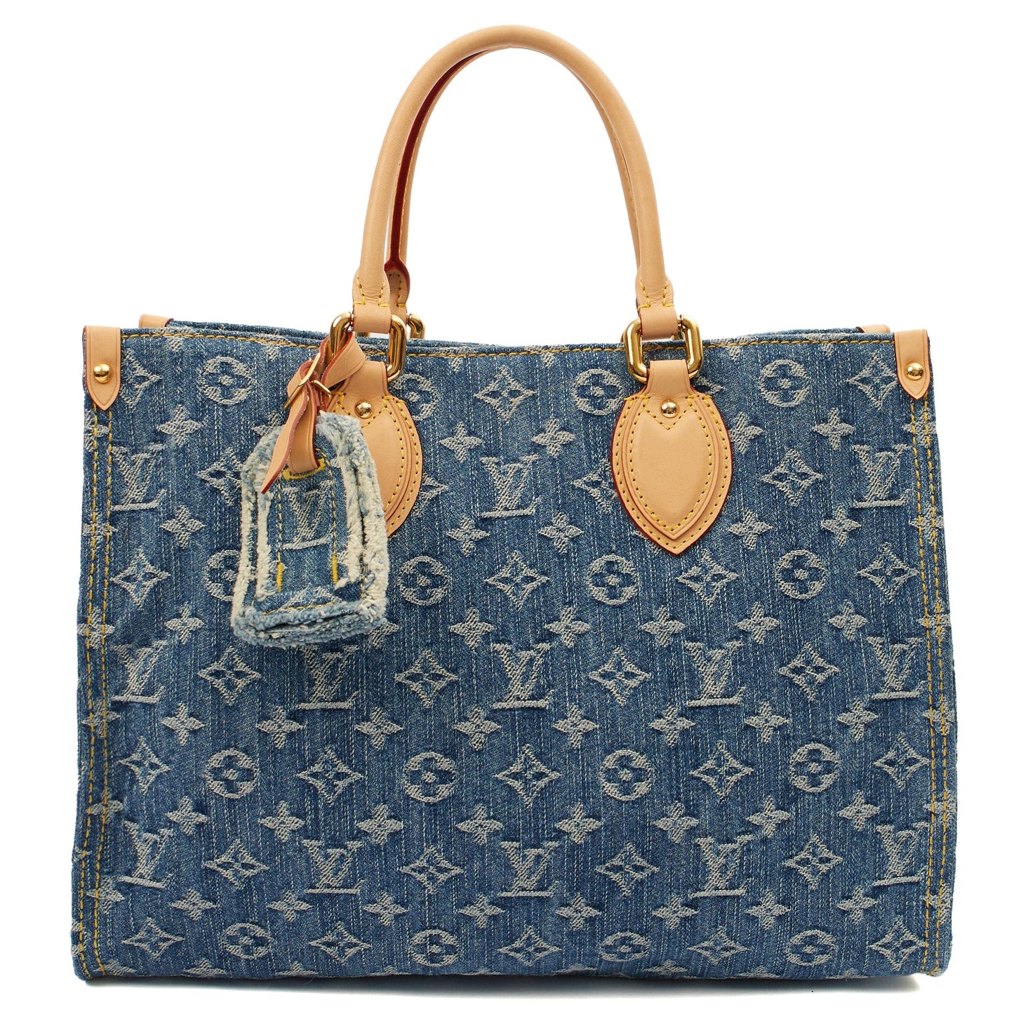 Louis Vuitton Tote On The Go MM in Denim, Leather — Front View