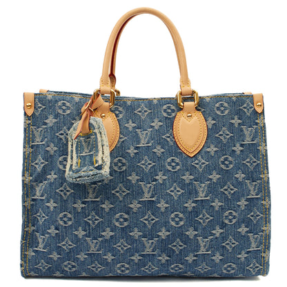 Louis Vuitton Tote On The Go MM in Denim, Leather — Front View