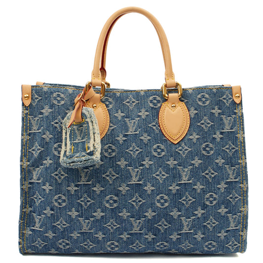 Louis Vuitton Tote On The Go MM in Denim, Leather — Front View