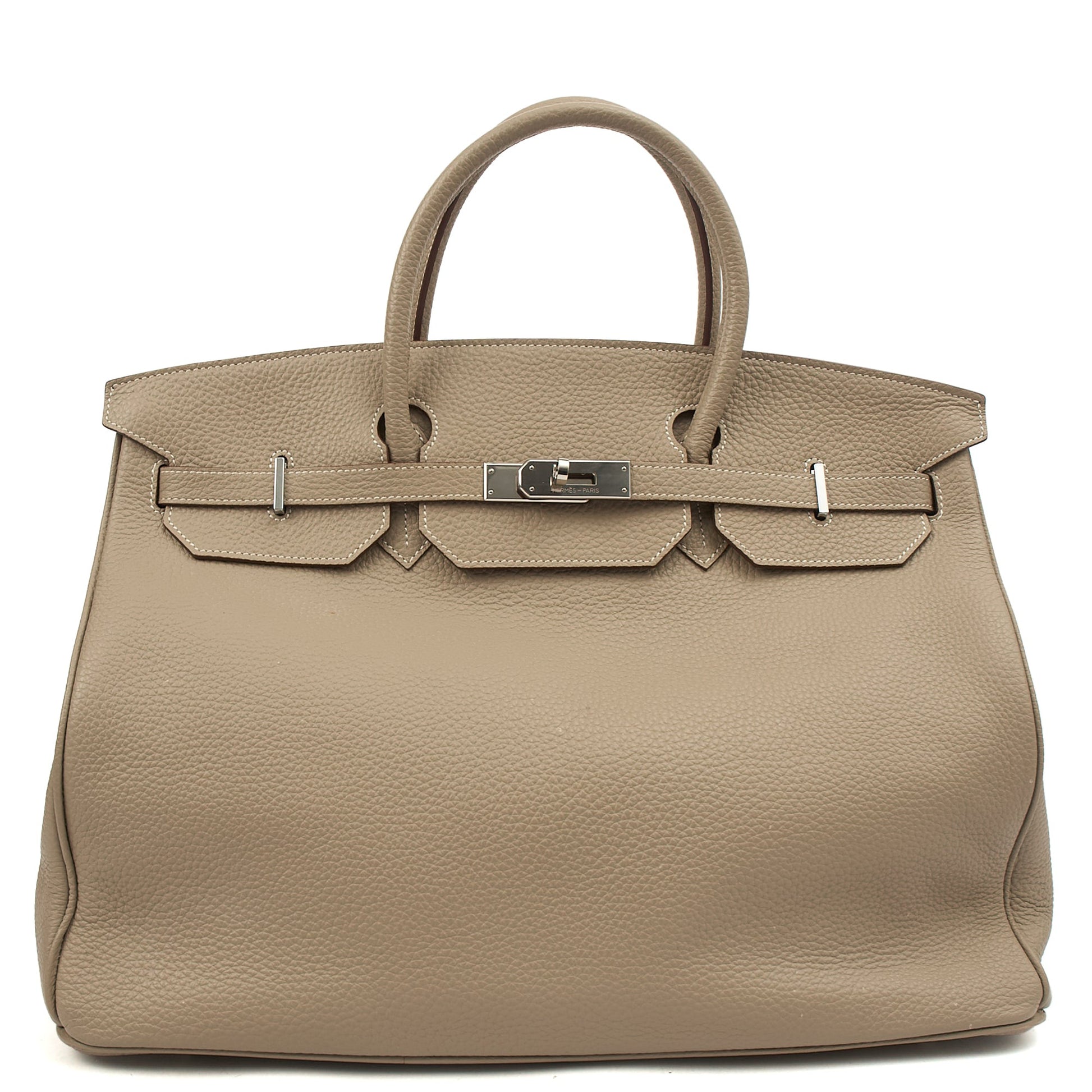 Hermes Birkin 40 in Gris Tourterelle, Clemence Leather — Front View