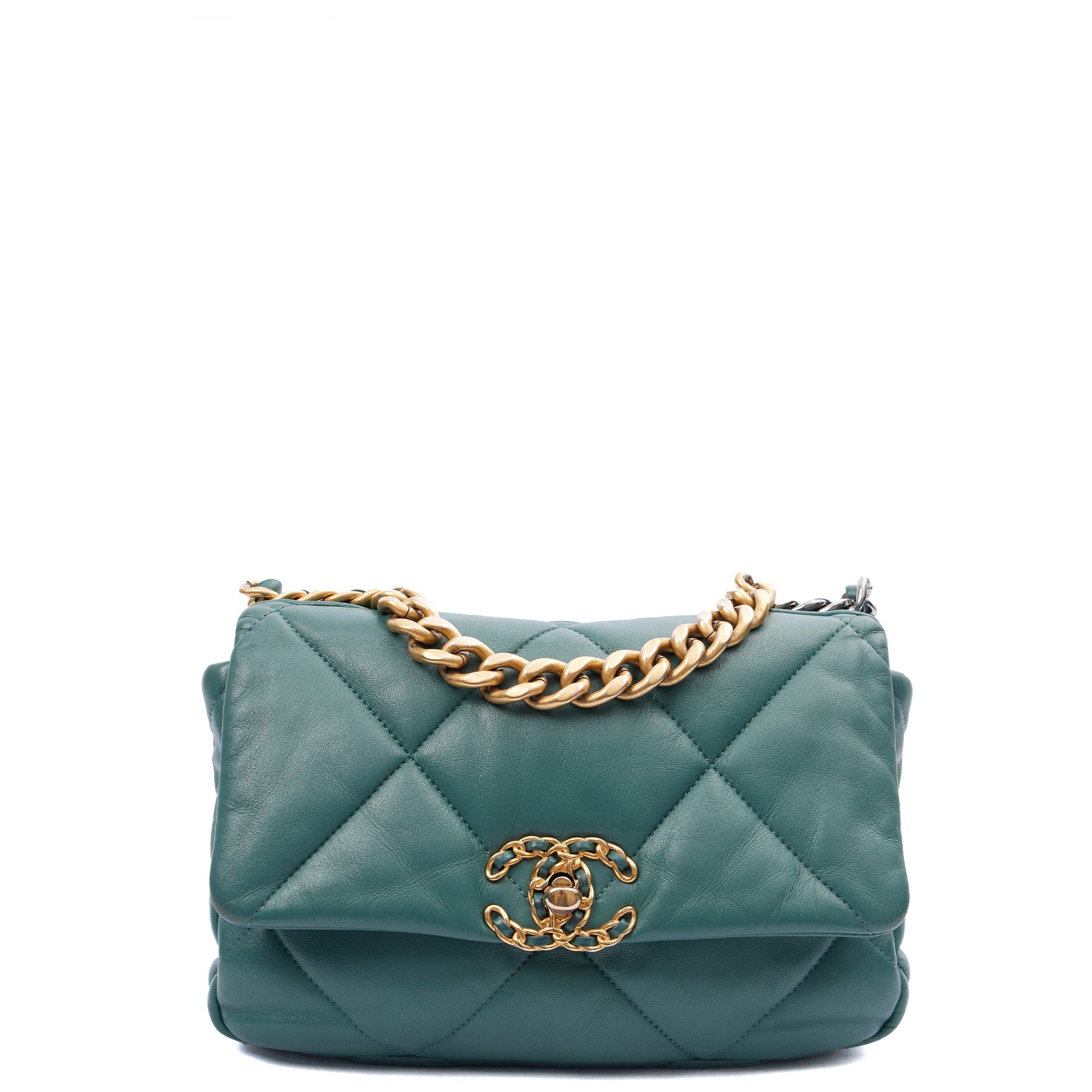 Chanel Cross Body Chanel 19 in Green, Calfskin Leather — Front View