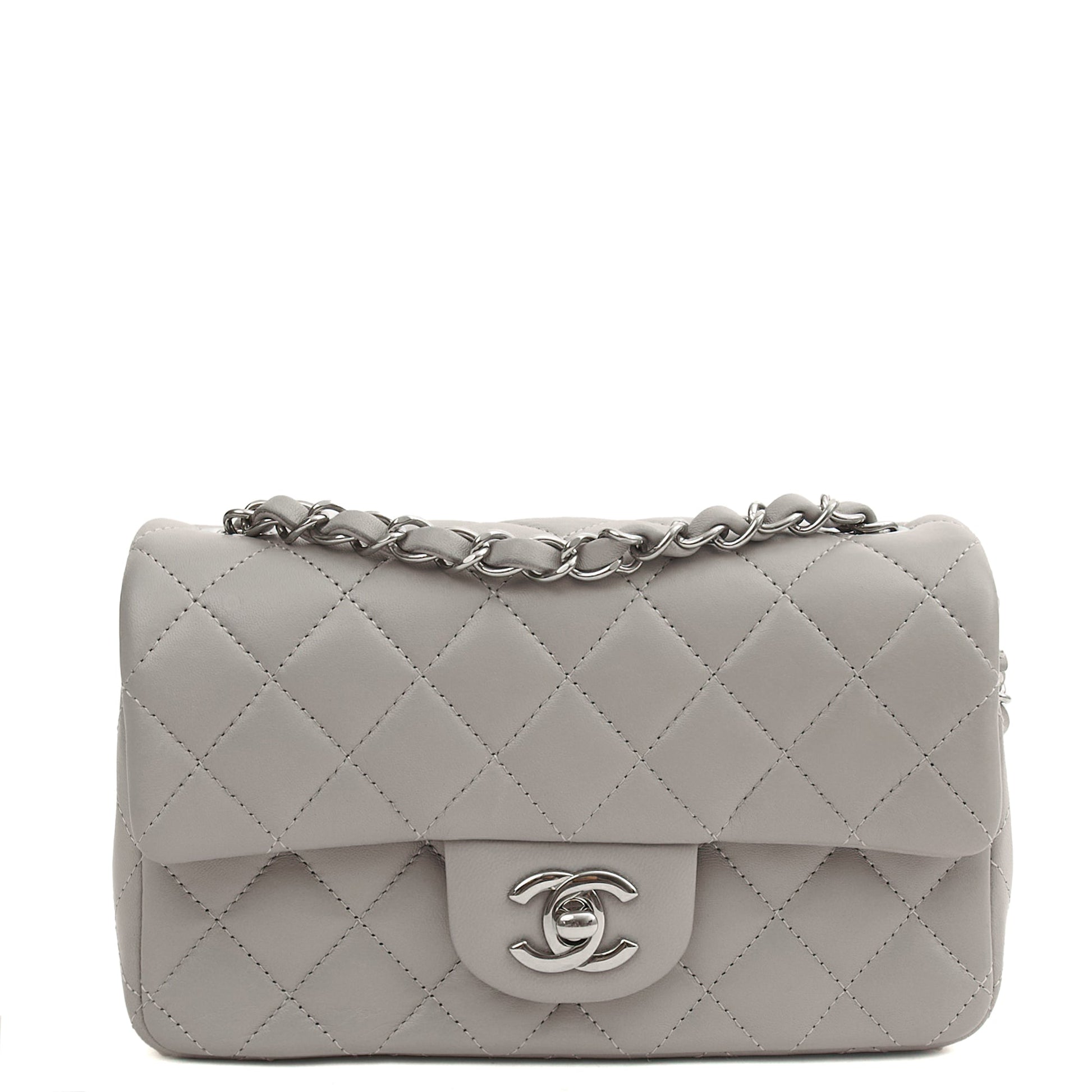 Chanel Cross Body Classic - Mini (Rectangular) in Grey, Calfskin Leather — Front View