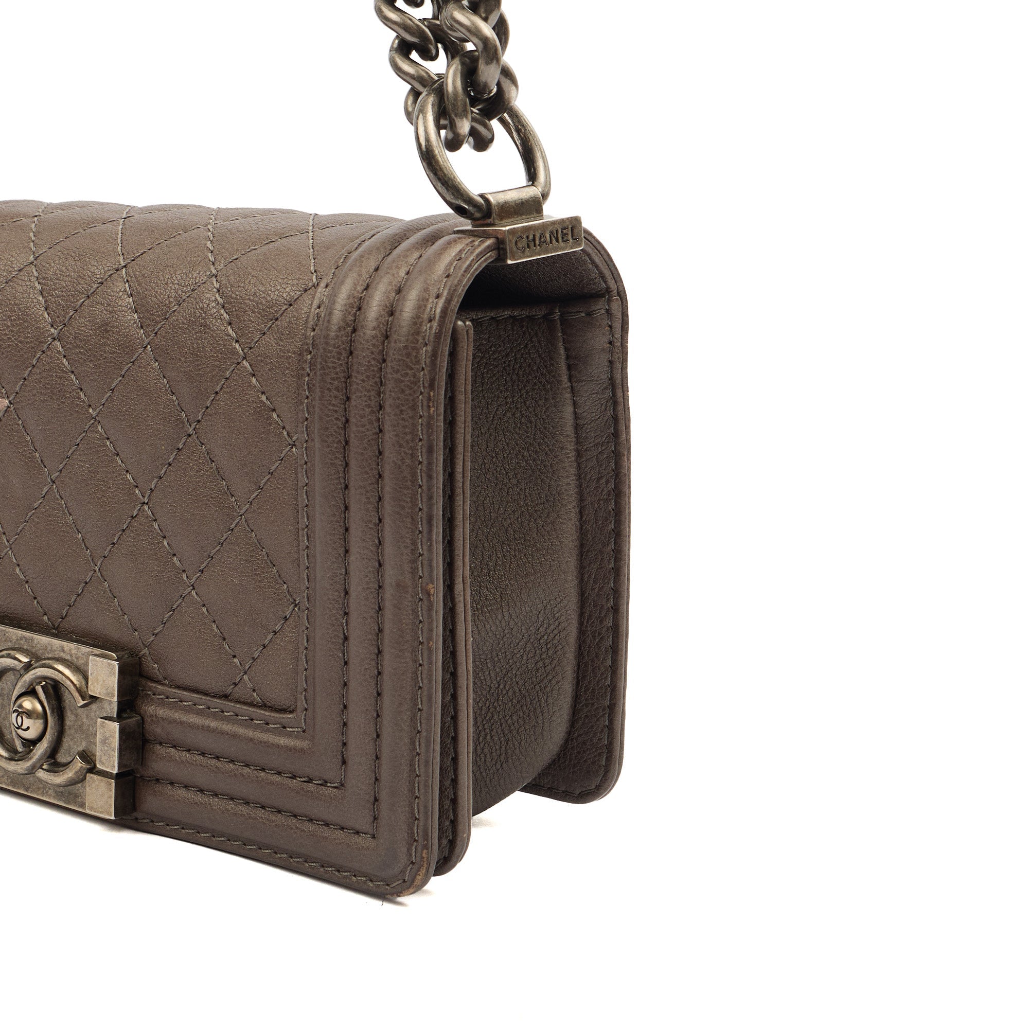 Chanel Shoulder Bag Boy - Mini in Metallic, Calfskin Leather — Lifestyle View