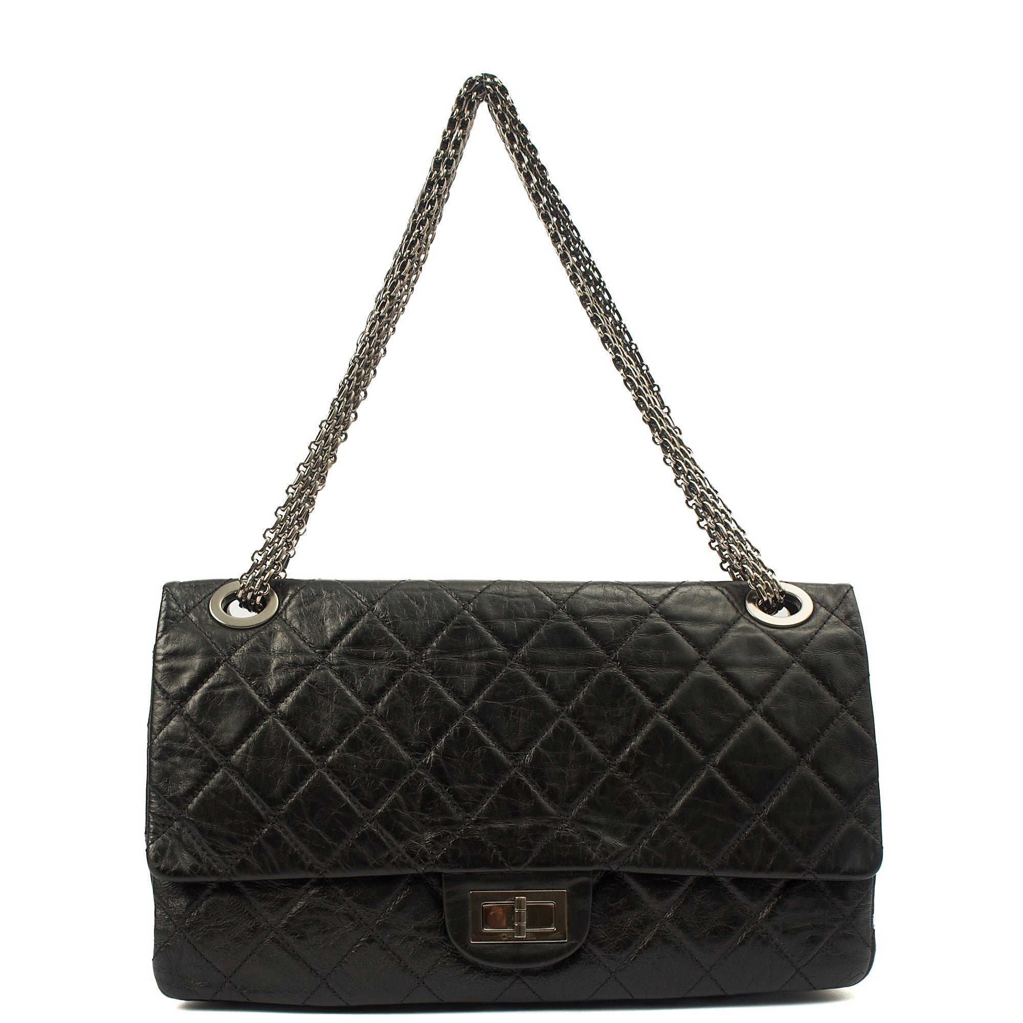 Chanel Shoulder Bag 2.55 Reissue - Maxi in Black, Crinkled Calfskin Leather — Detail View