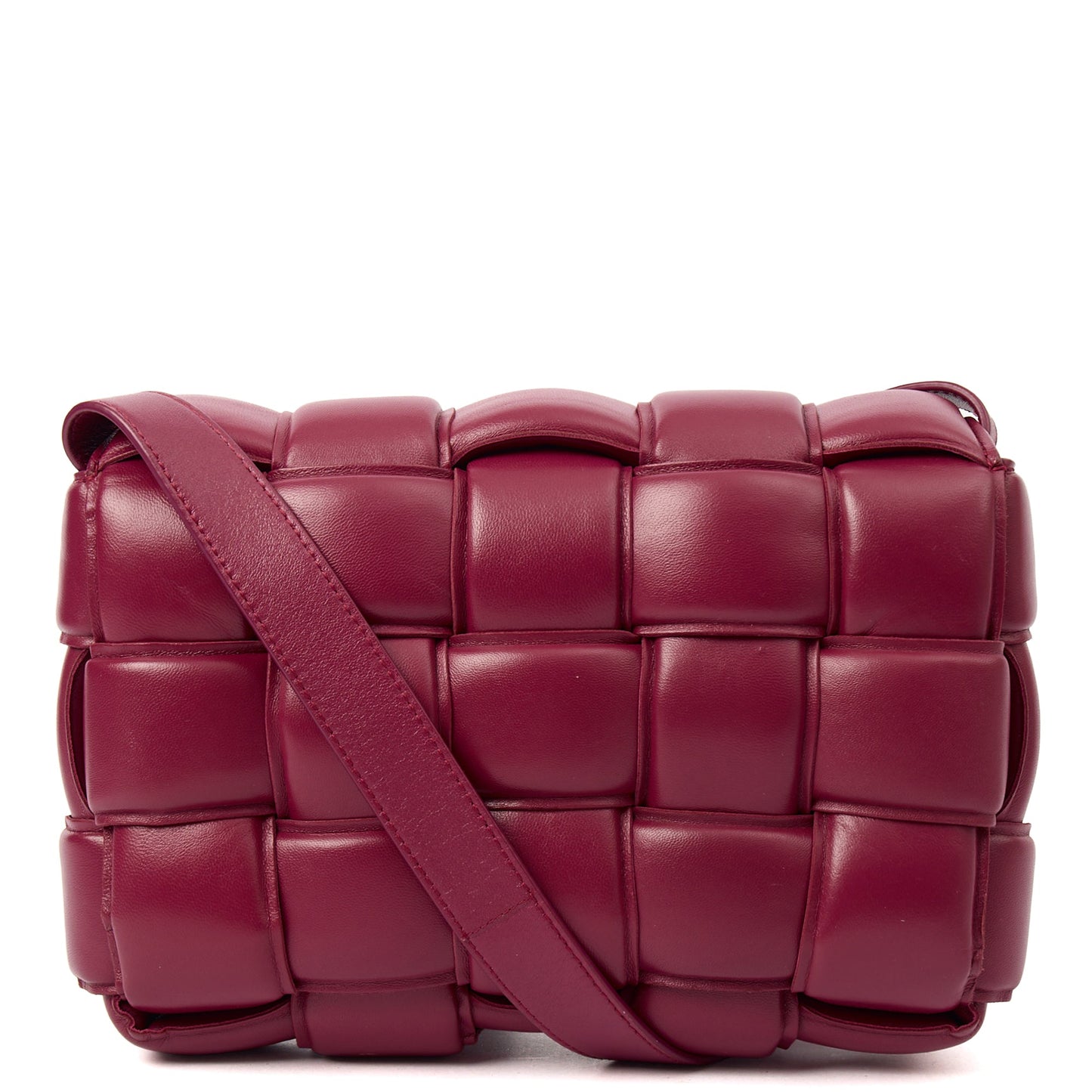 Bottega Veneta Cross Body Cassette in Raspberry, Intrecciato Nappa — Top View
