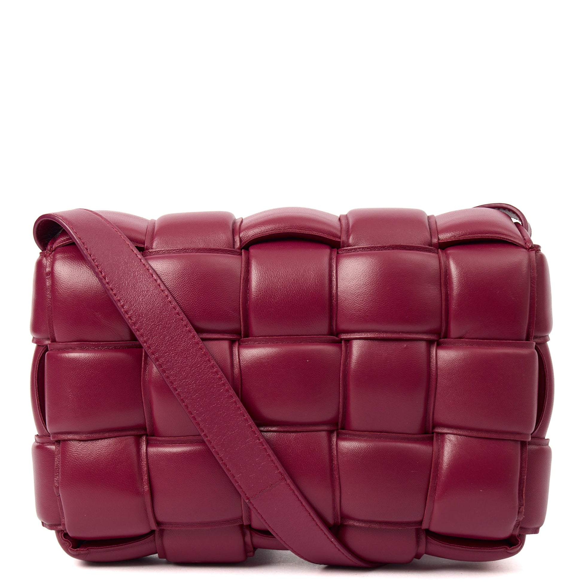Bottega Veneta Cross Body Cassette in Raspberry, Intrecciato Nappa — Top View