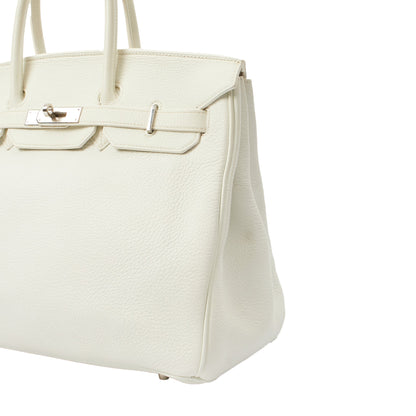 Hermes Top Handle Birkin 35 in White, Clemence Leather — Detail View