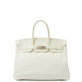 Hermes Top Handle Birkin 35 in White, Clemence Leather — Front View