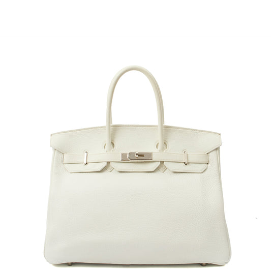 Hermes Top Handle Birkin 35 in White, Clemence Leather — Front View