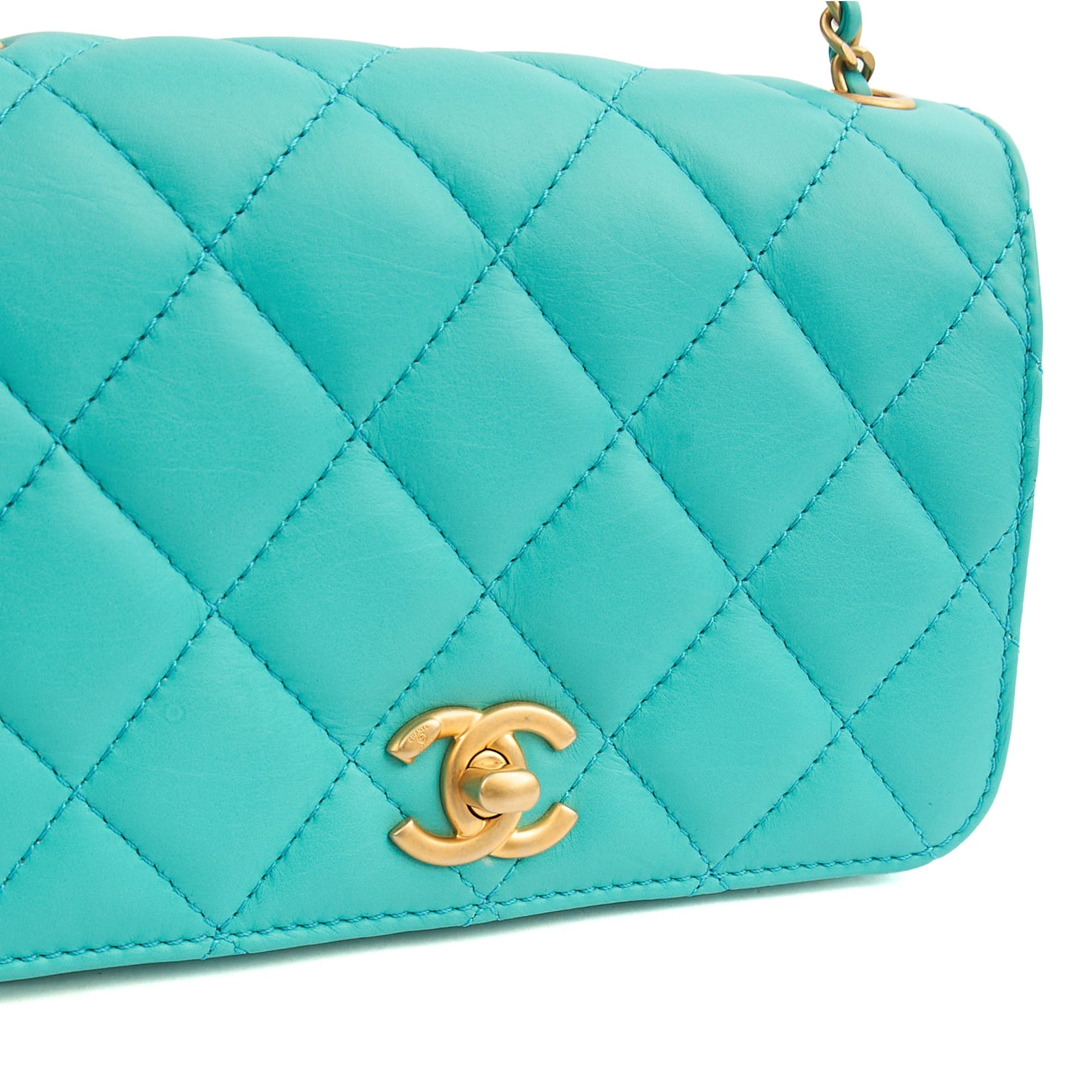 Chanel Cross Body Quilted Flap Bag Mini in Blue, Calfskin Leather — Lifestyle View