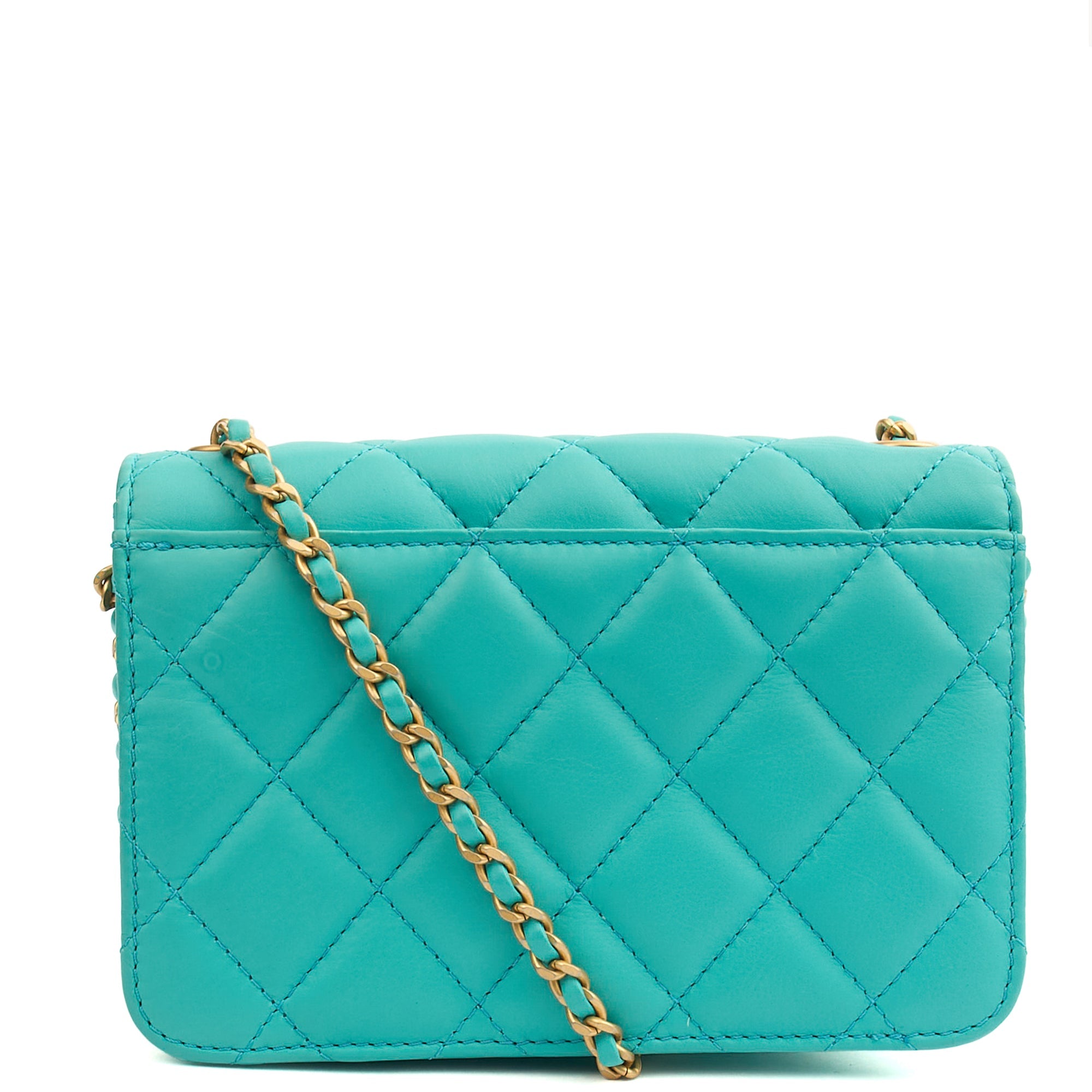Chanel Cross Body Quilted Flap Bag Mini in Blue, Calfskin Leather — Back View