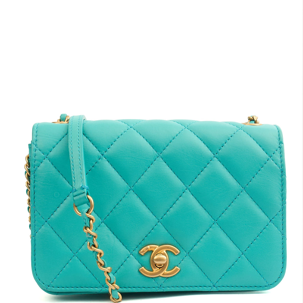 Chanel Cross Body Quilted Flap Bag Mini in Blue, Calfskin Leather — Front View