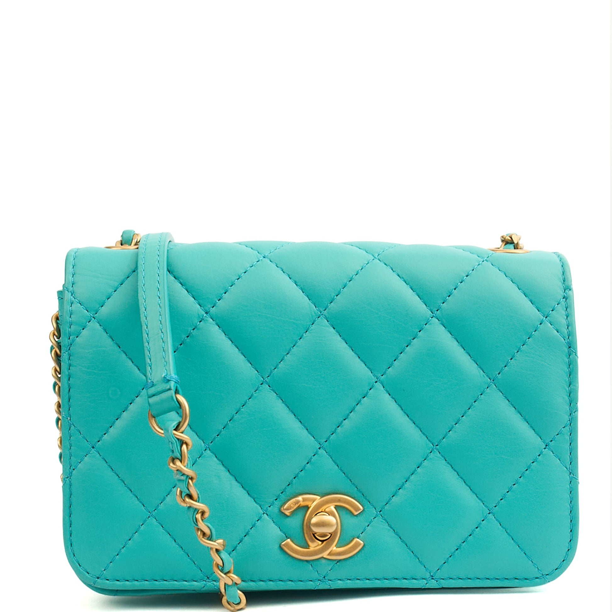 Chanel Cross Body Quilted Flap Bag Mini in Blue, Calfskin Leather — Front View