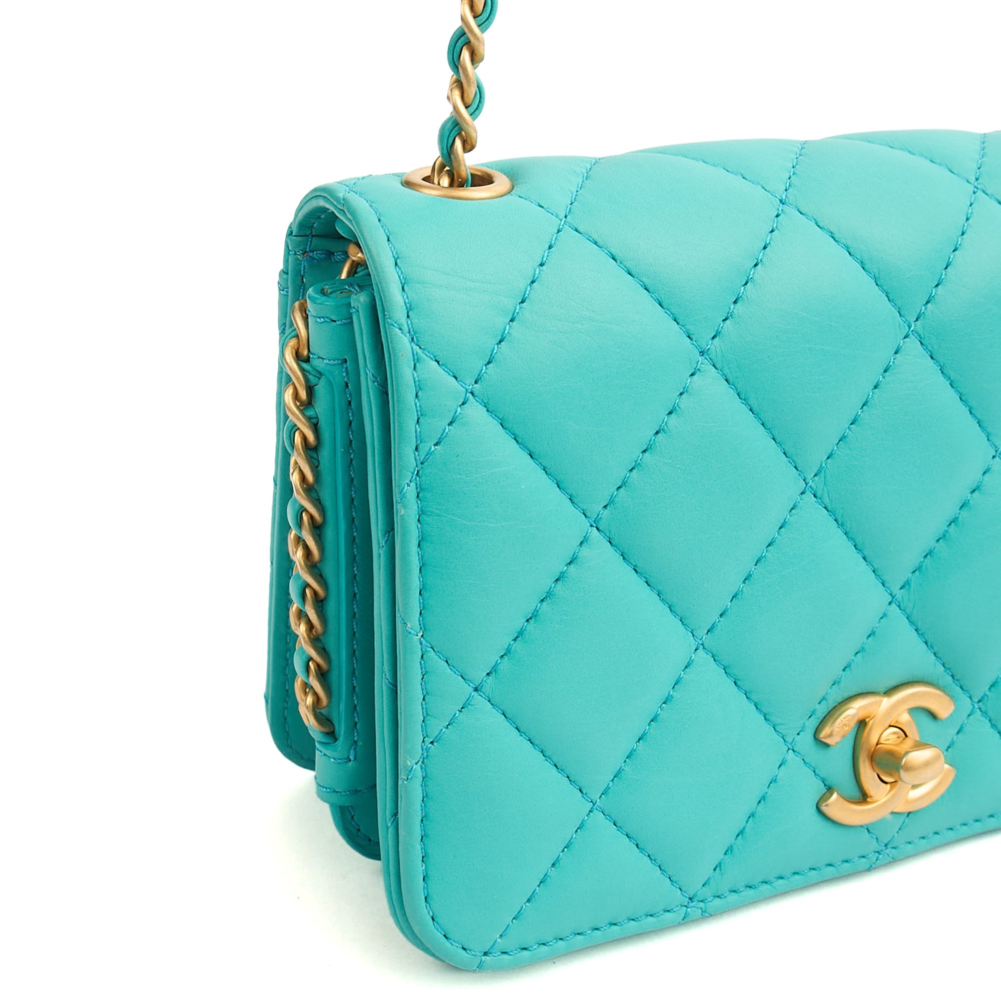 Chanel Cross Body Quilted Flap Bag Mini in Blue, Calfskin Leather — Detail View