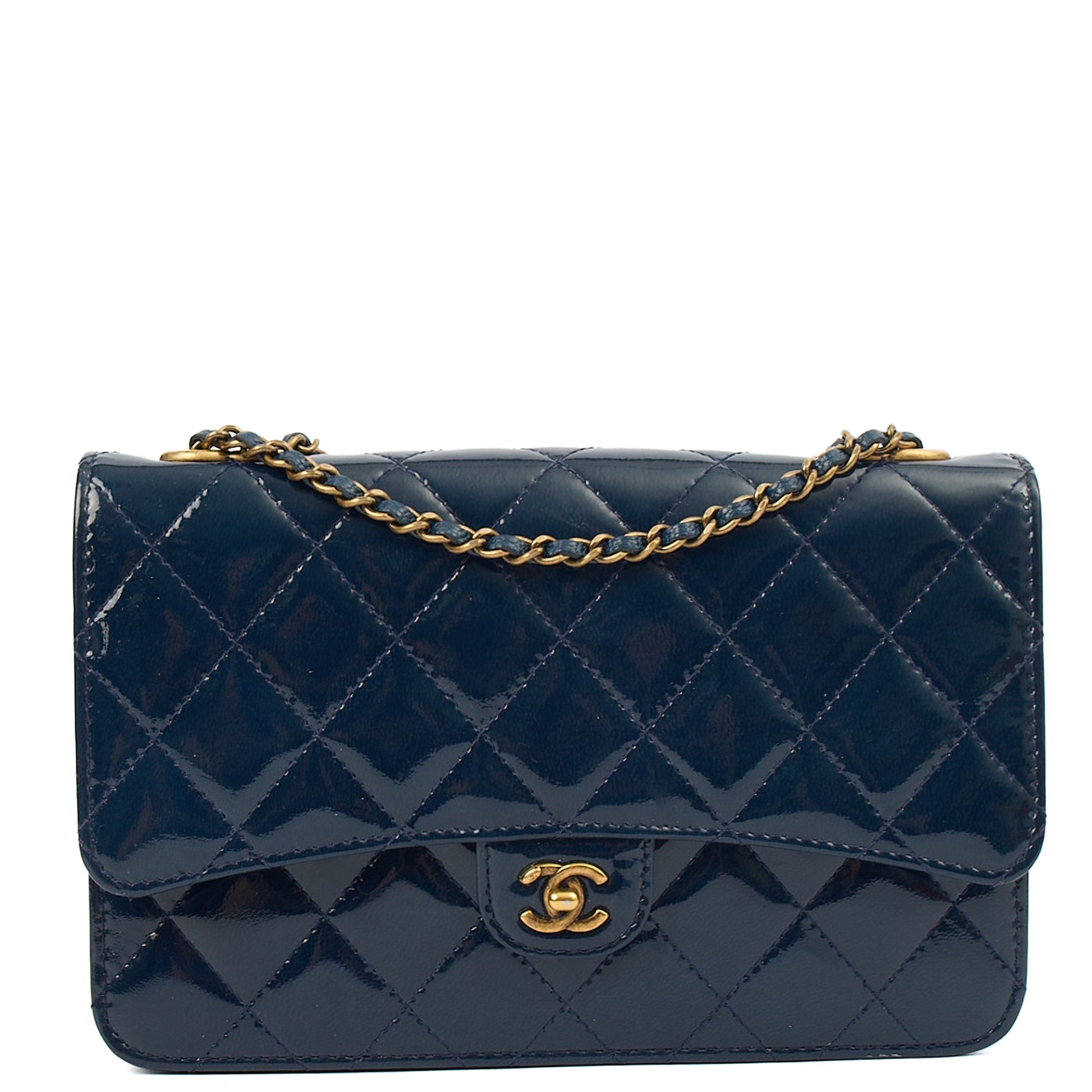 Chanel Cross Body Wallet on Chain in Blue, Patent Leather — Front View