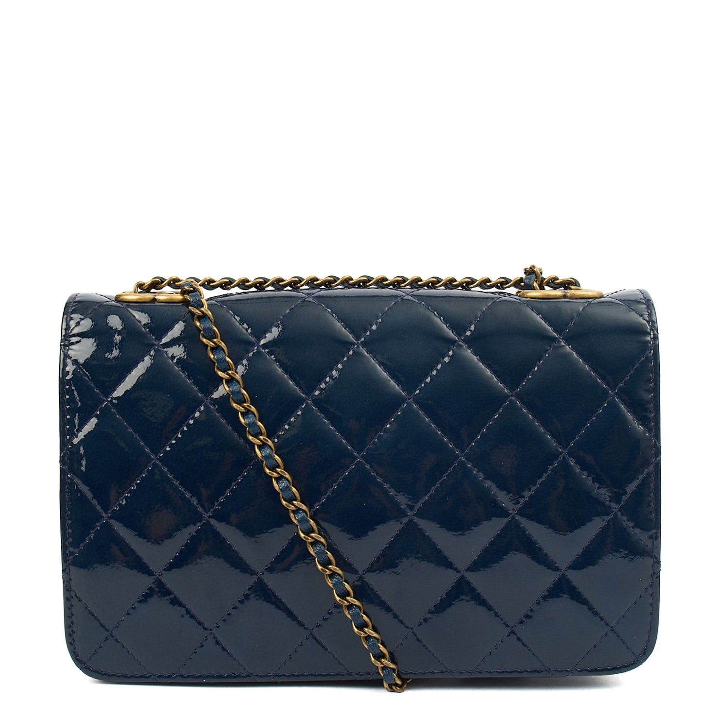 Chanel Cross Body Wallet on Chain in Blue, Patent Leather — Detail View