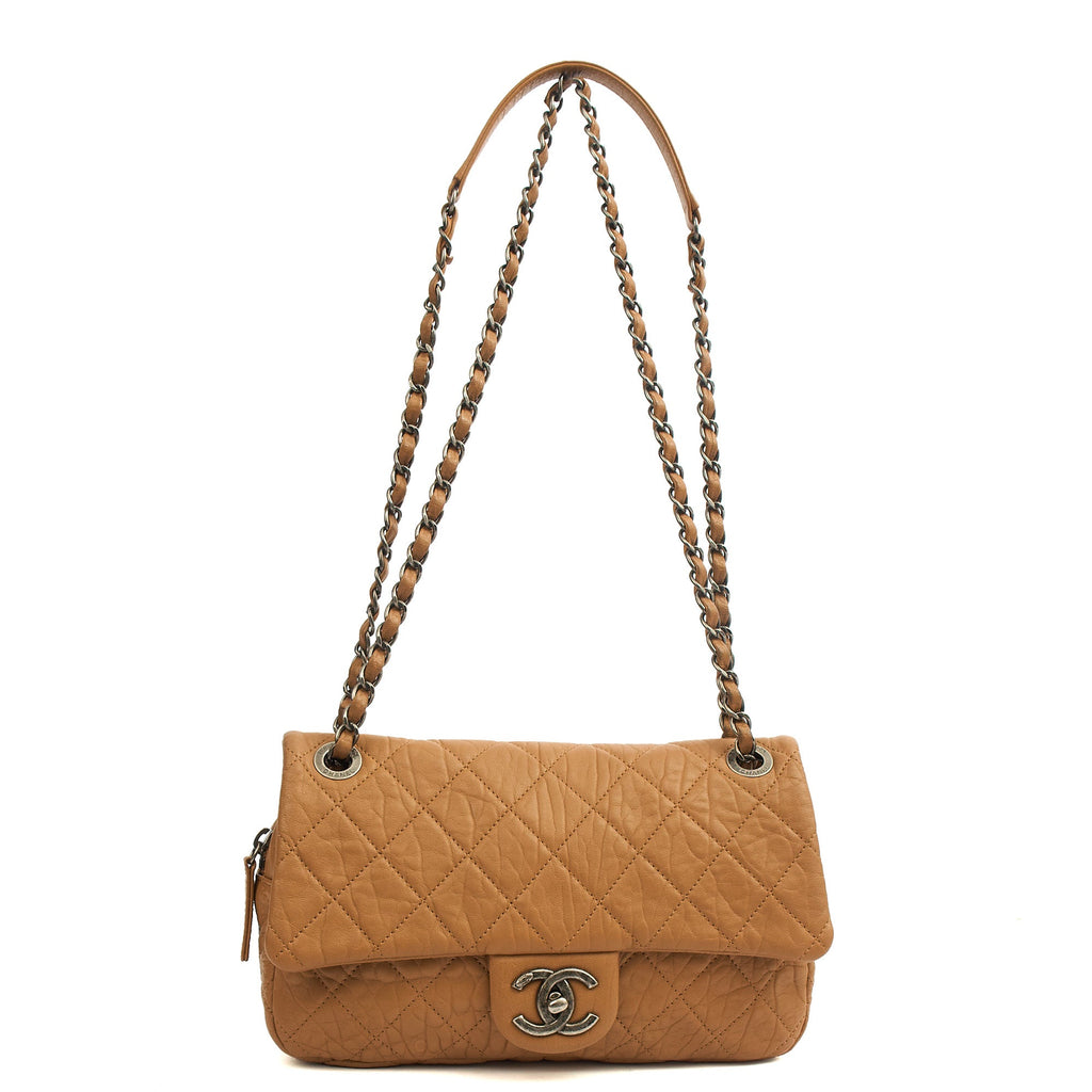 Chanel Shoulder Bag Flap Bag in Brown, Calfskin Leather — Lifestyle View