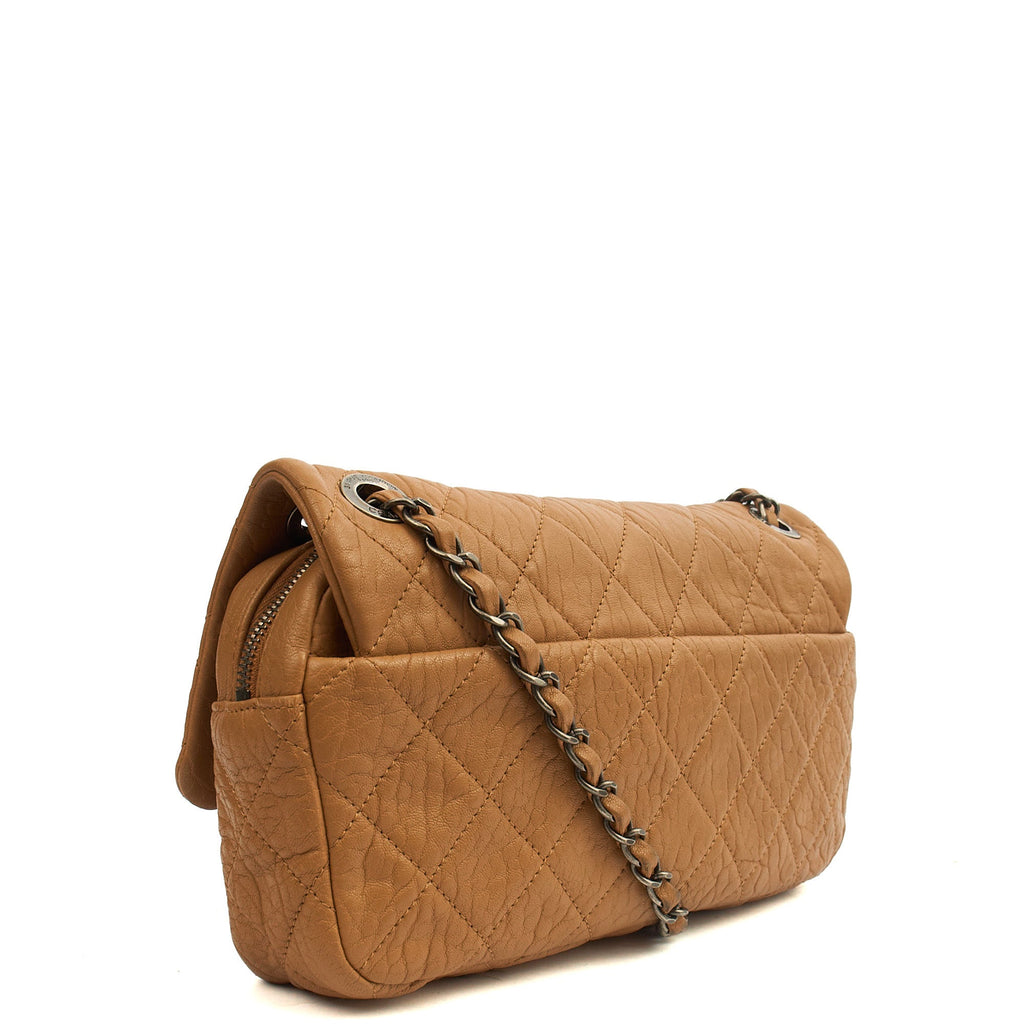 Chanel Shoulder Bag Flap Bag in Brown, Calfskin Leather — Back View