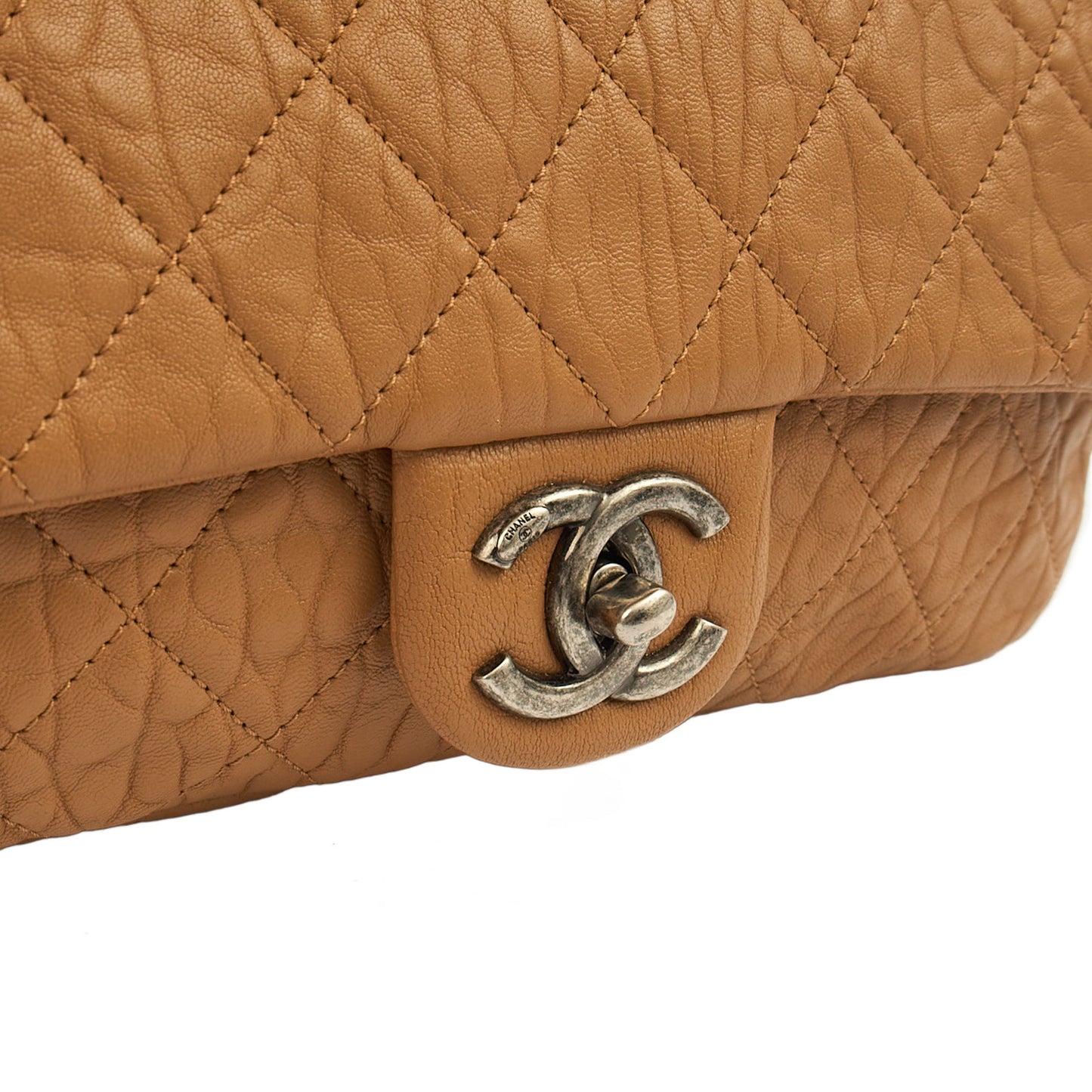 Chanel Shoulder Bag Flap Bag in Brown, Calfskin Leather — Side View