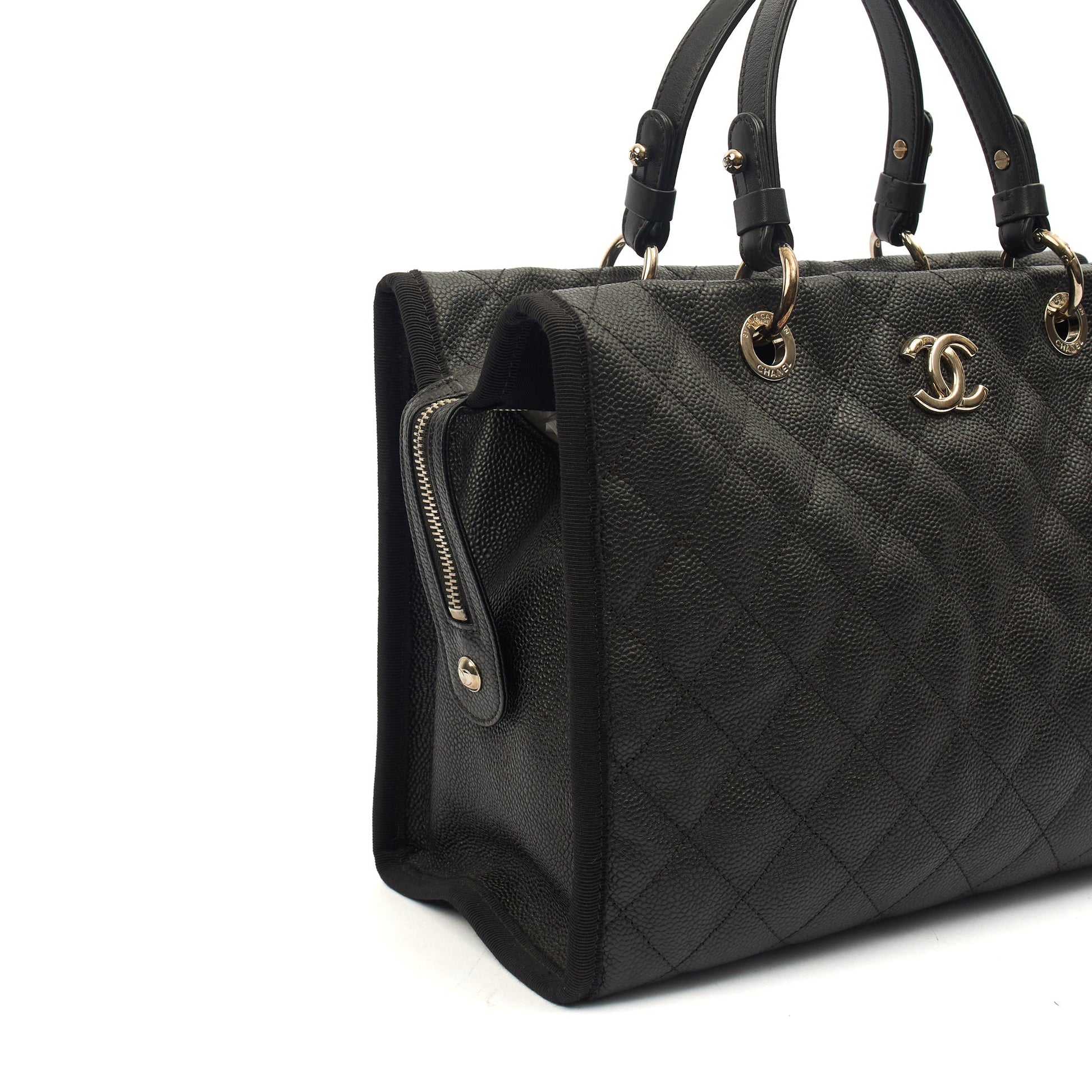 Chanel Tote Shopper Tote in Black, Caviar Leather — Detail View