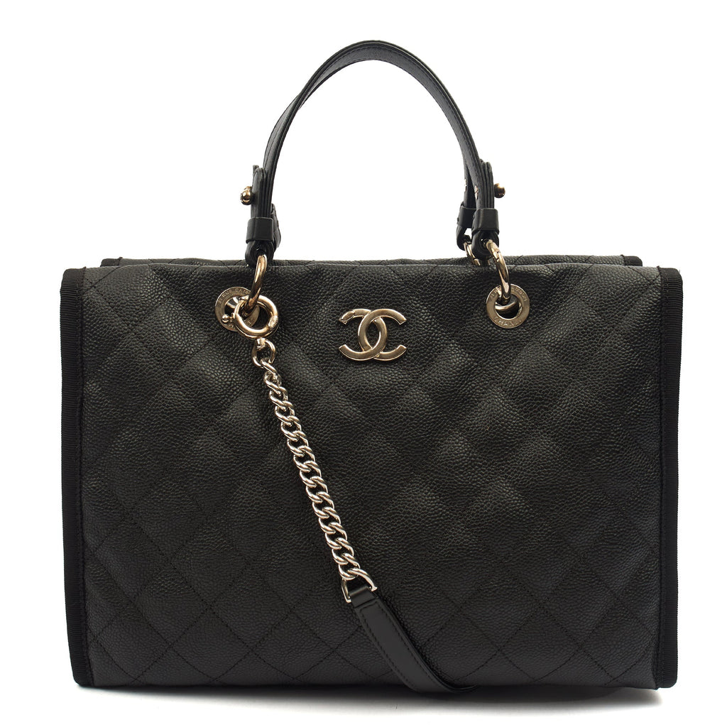 Chanel Tote Shopper Tote in Black, Caviar Leather — Front View