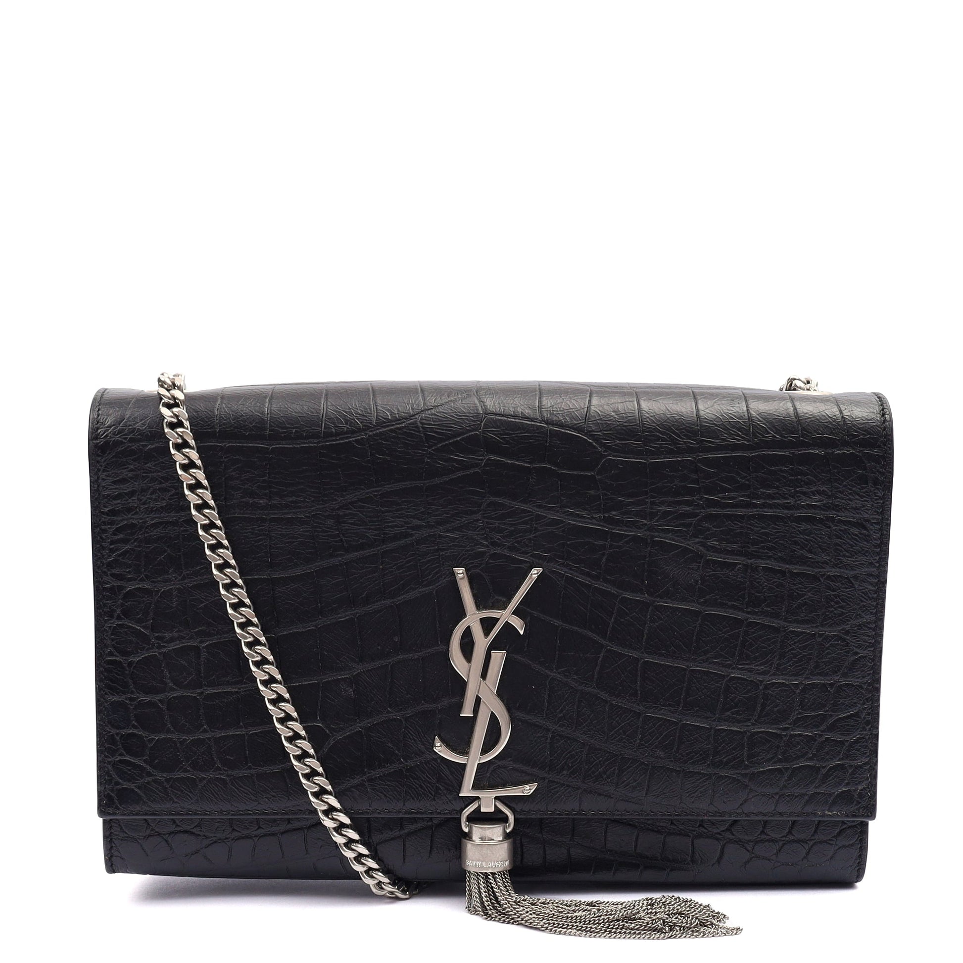 Saint Laurent Cross Body Kate Small Tassel in Black, Exotic Effect Leather — Front View