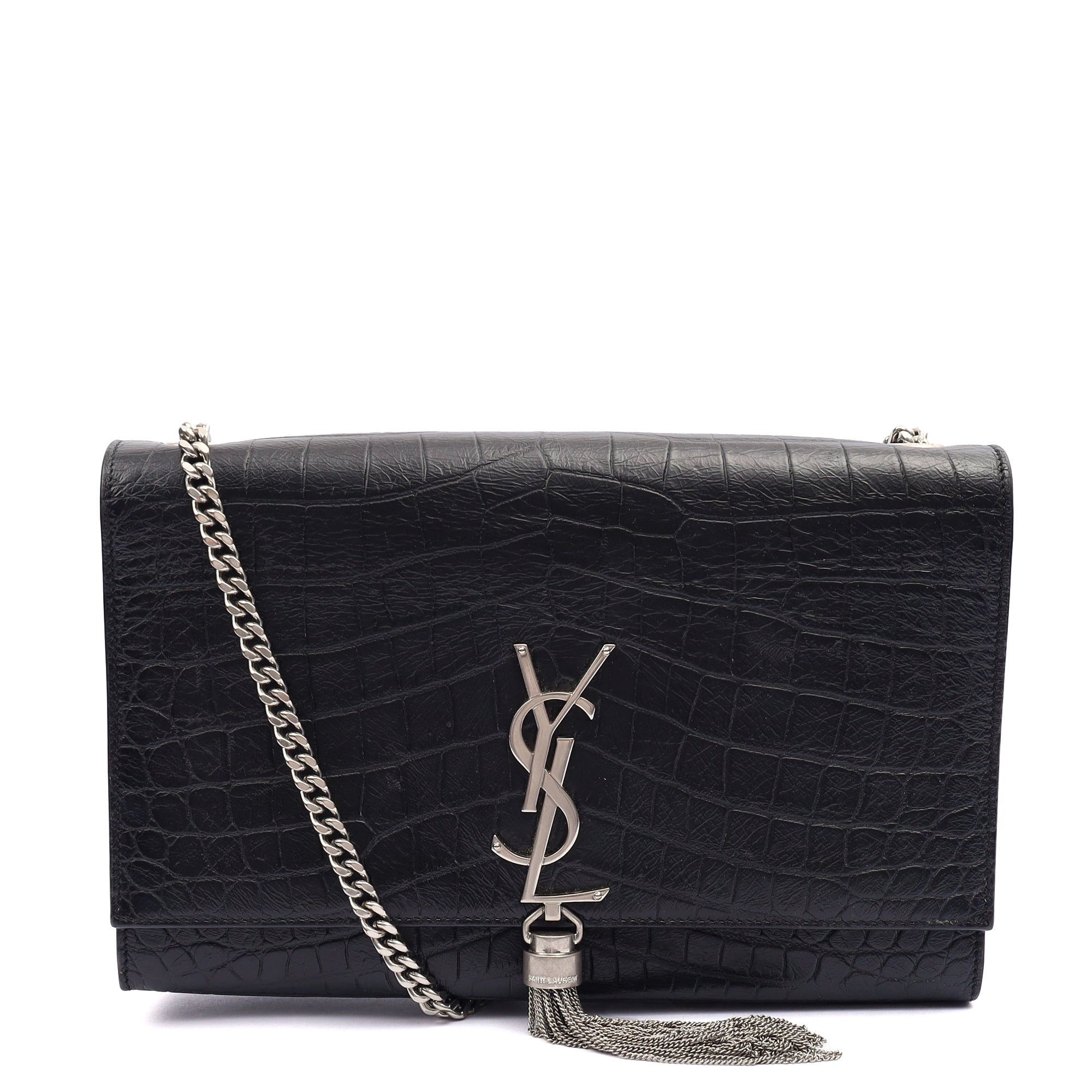 Saint Laurent Cross Body Kate Small Tassel in Black, Exotic Effect Leather — Front View