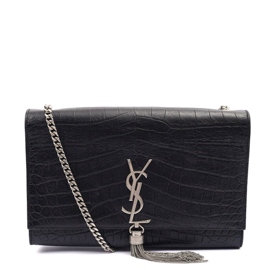 Saint Laurent Cross Body Kate Small Tassel in Black, Exotic Effect Leather — Front View