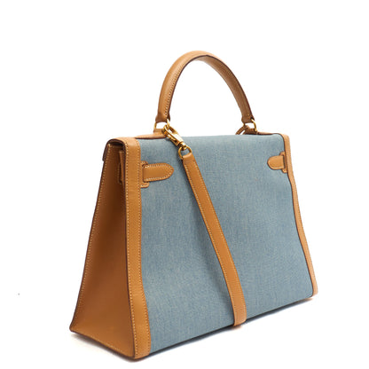 Hermes Kelly 32 in Blue Denim With Vache Naturelle Leather, Gold Hardware — Top View
