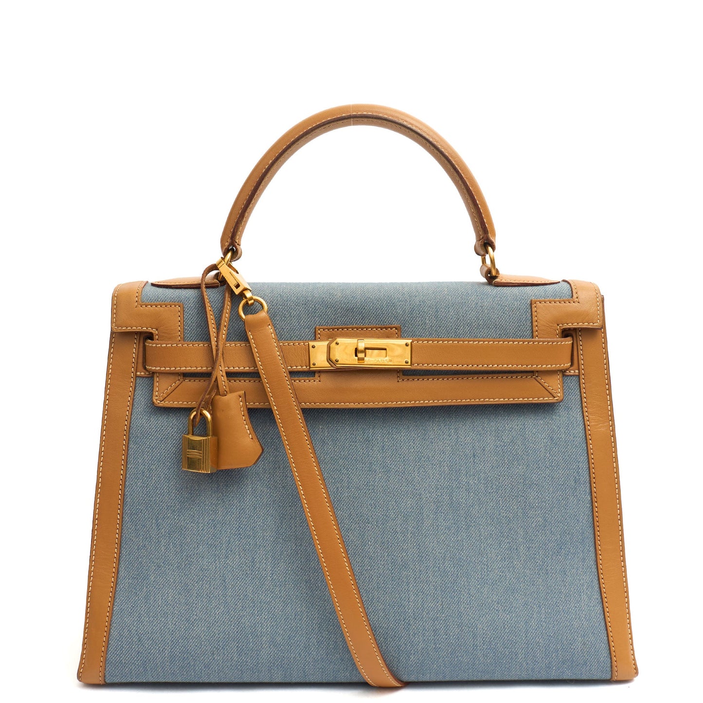 Hermes Kelly 32 in Blue Denim With Vache Naturelle Leather, Gold Hardware — Front View