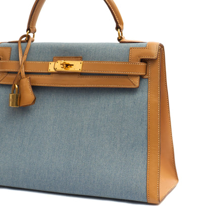 Hermes Kelly 32 in Blue Denim With Vache Naturelle Leather, Gold Hardware — Back View