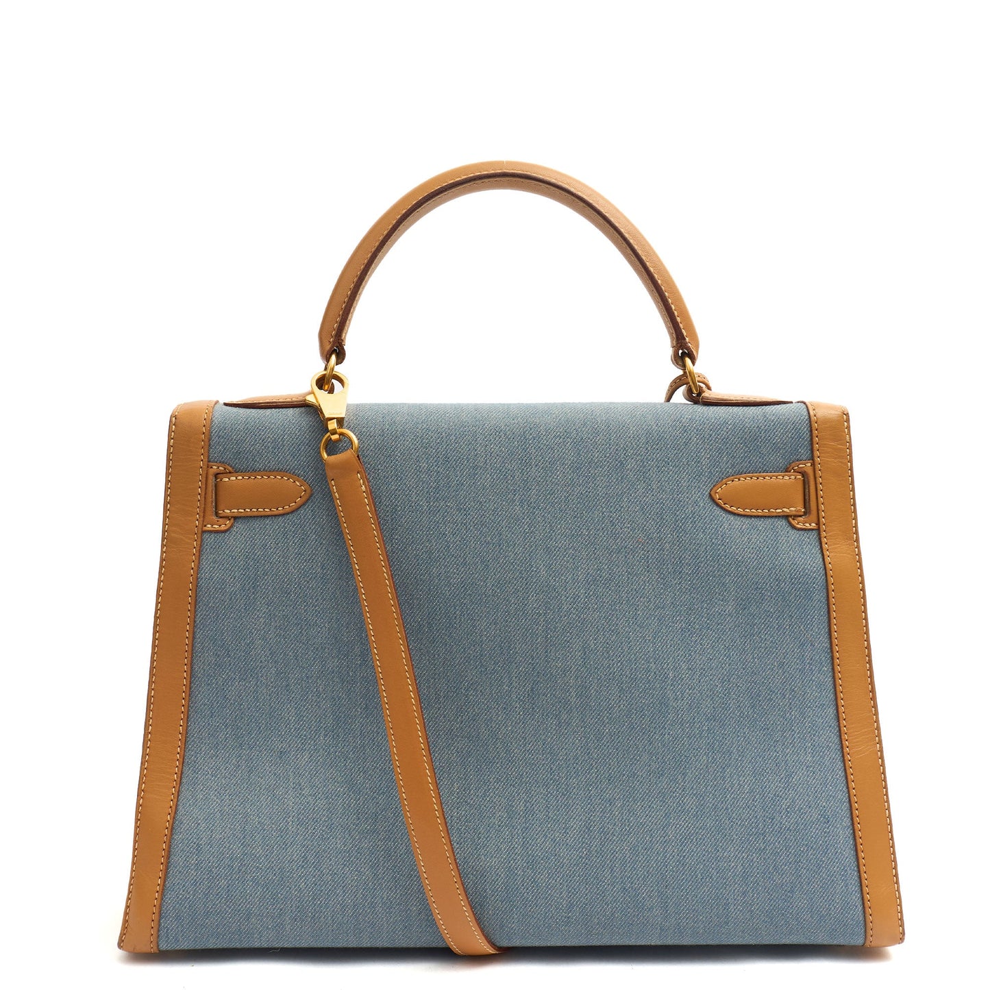 Hermes Kelly 32 in Blue Denim With Vache Naturelle Leather, Gold Hardware — Detail View