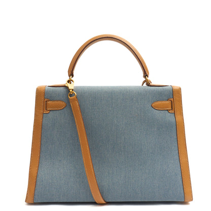 Hermes Kelly 32 in Blue Denim With Vache Naturelle Leather, Gold Hardware — Detail View