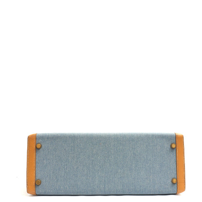 Hermes Kelly 32 in Blue Denim With Vache Naturelle Leather, Gold Hardware — Lifestyle View