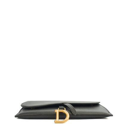Christian Dior Cross Body Long Saddle Wallet with Chain in Black, Calfskin — Detail View