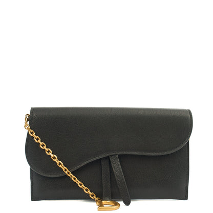 Christian Dior Cross Body Long Saddle Wallet with Chain in Black, Calfskin — Front View